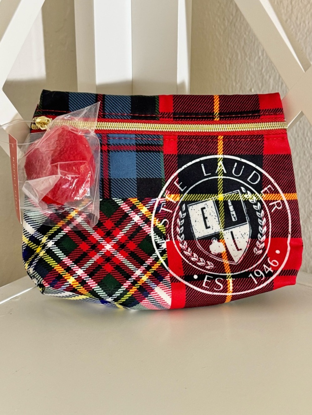 NWT ESTÉE LAUDER Red & Blue Plaid Cosmetic Pouch with Pom Pom